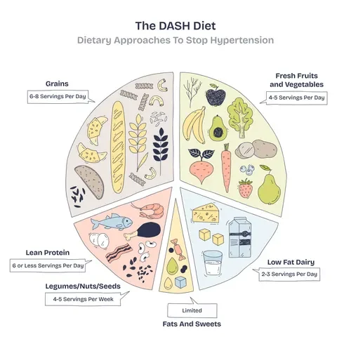 A pie chart illustrating the DASH diet, divided into five sections: Grains (6-8 servings daily), Fresh Fruits and Vegetables (4-5 servings daily), Low Fat Dairy (2-3 servings daily), Fats and Sweets (limited), and Legumes, Nuts, and Seeds (4-5 servings weekly). The chart emphasizes dietary approaches to stop hypertension.